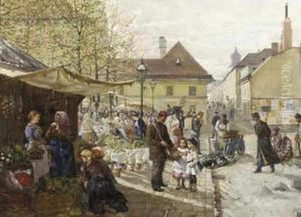 A Bustling Market Scene Oil Painting by J. Sellenati