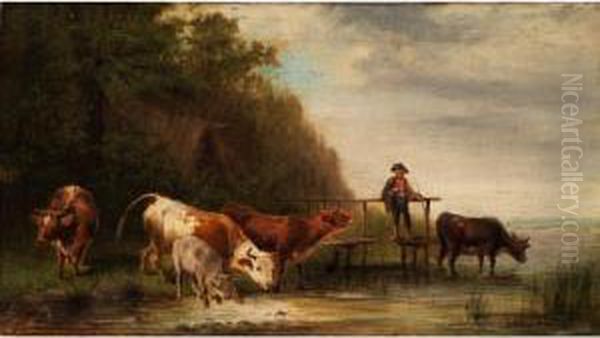 Junger Hirte Mit Rindern Am Flussufer Bei Der Tranke Oil Painting by Ludwig Sellmayr