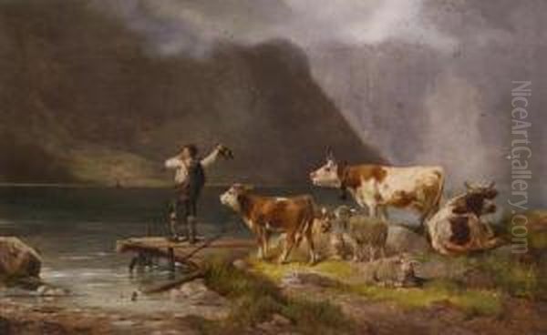 Shepherd Boy With His Herd By The Lake Shore Oil Painting by Ludwig Sellmayr