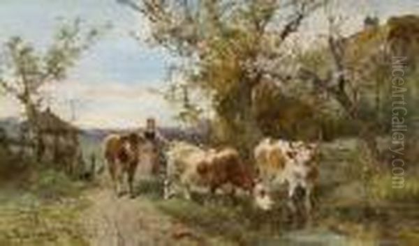 Mag Mit Rindern An Der
 Tranke. Oil Painting by Ludwig Sellmayr