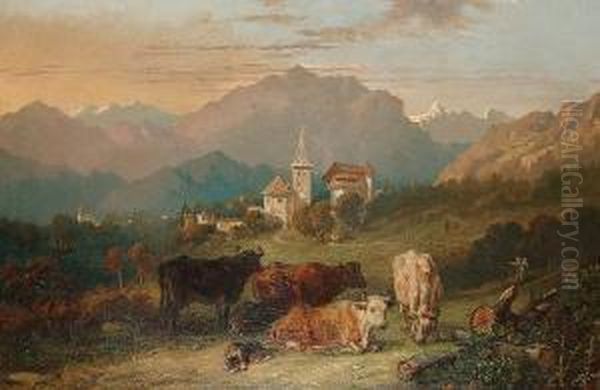 Tyrolean Scene With Cattle In The Foreground Oil Painting by Henry Courtney Selous