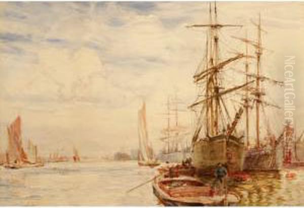 Anestuary Scene With Moored Ships And Barges Oil Painting by Frank Seltret