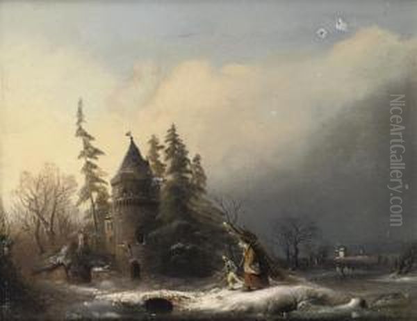 Travellers In A Winterlandscape By A Small Fort Oil Painting by Anthon Adrianus Sem