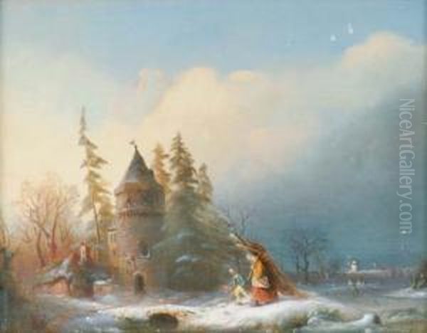 Wood-gatherers In Winter Oil Painting by Anthon Adrianus Sem