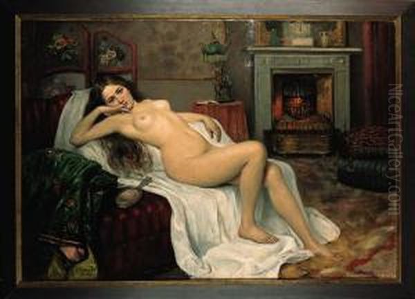 Reclining Nude On A Draped Sofa Oil Painting by Sergei Semenovich Egornov