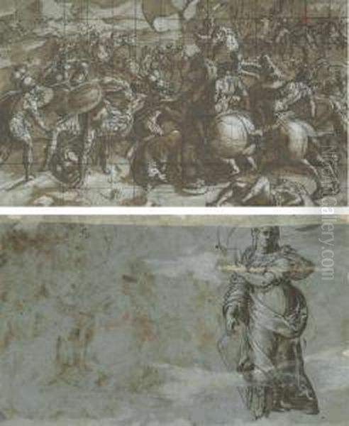 A Battle Between Cavalry And Infantry (recto); A Standing Femalefigure, Heavily Draped, Holding A Banner (verso) Oil Painting by Andrea Semino