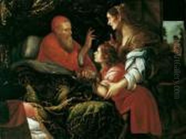 Isaak Segnet Jakob (i Mos. 27, 18-29). Im Beisein Der Rebekka Segnet Der Blinde Isaak Von Seinem Lager Den An Handen Und Hals Mit Tierfellen Bedeckten Jakob. Oil Painting by Fra Semplice Da Verona