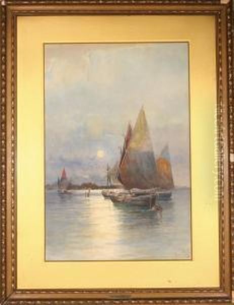 Sailboats In Venice Oil Painting by Prosper Louis Senat