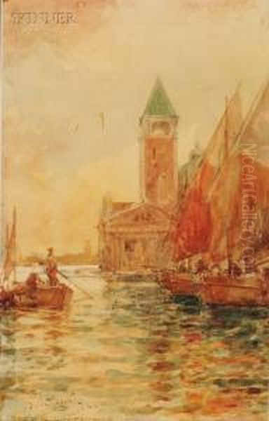 Venetian Canal Oil Painting by Prosper Louis Senat