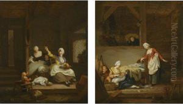 An Interior With A Mother Knitting, Watched By Her Children And Amaid Oil Painting by Jacques Albert Senave