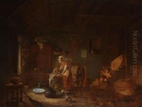 Farmer's Interior With Woman Washing And Child Oil Painting by Jacques Albert Senave