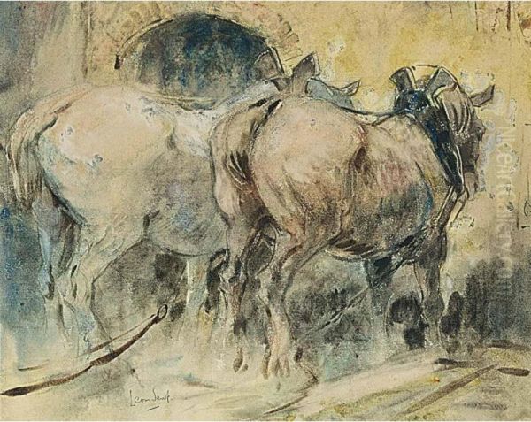 Horses Ploughing Oil Painting by Leon Senf