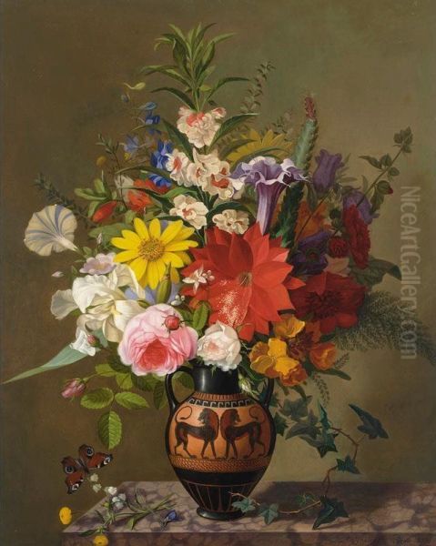 A Flower Still Life With A Greek Vase Oil Painting by Carl Adolf Senff