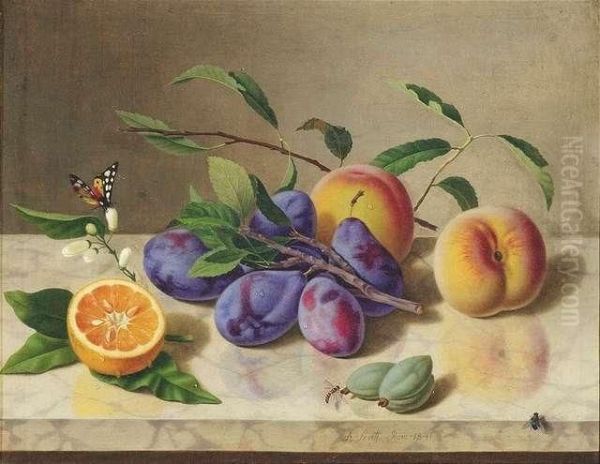 Senff, Adolf. Still-life With Plums, Peaches, Date And An Orange Oil Painting by Carl Adolf Senff