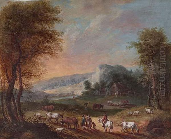 An Idyllic Landscape With A Farm And Figures Meeting On A Path Oil Painting by Jakob Christian Seng