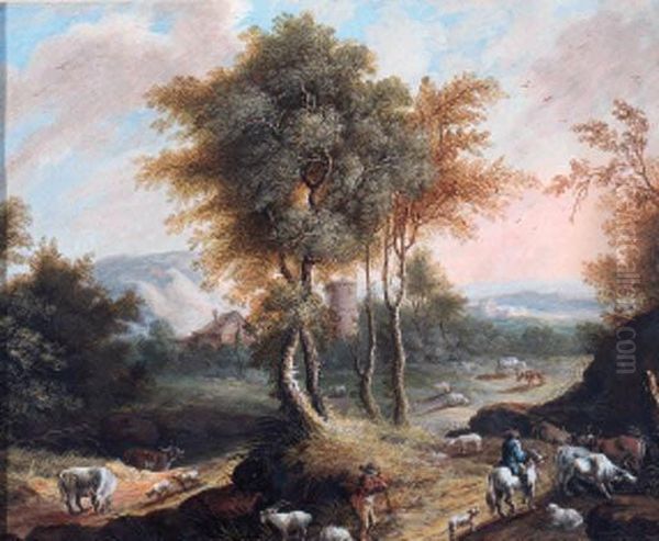 A Drover And Horsemen With Cattle And Sheep On A Wooded Track; Andtravellers With Cattle And Sheep In A Wooded River Landscape Oil Painting by Jakob Christian Seng