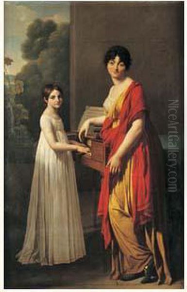 Portrait De Germaine Faipoult De Maisoncelle Et De Sa Fille Adoptive Julie Grandjean Delisle Jouant De L'epinette Oil Painting by Gioachin Giuseppe Serangeli