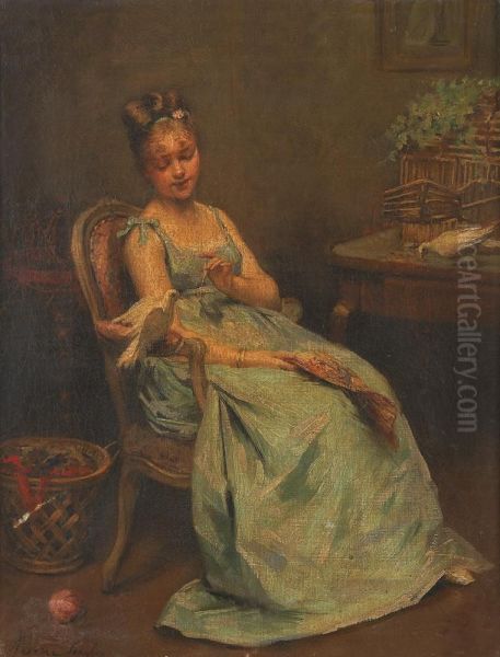 Jeune Femme Aux Colombes Oil Painting by Marie Serelaz