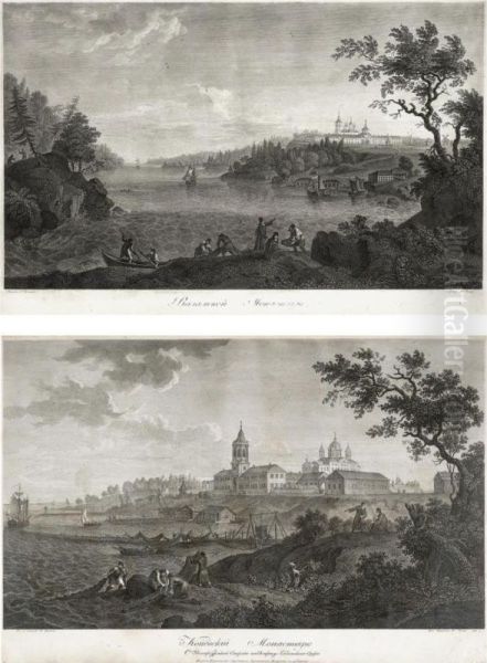 Two Engravings Depicting The Konevsky And Valaam Monasteries Oil Painting by Gavriil Sergeevich Sergeev