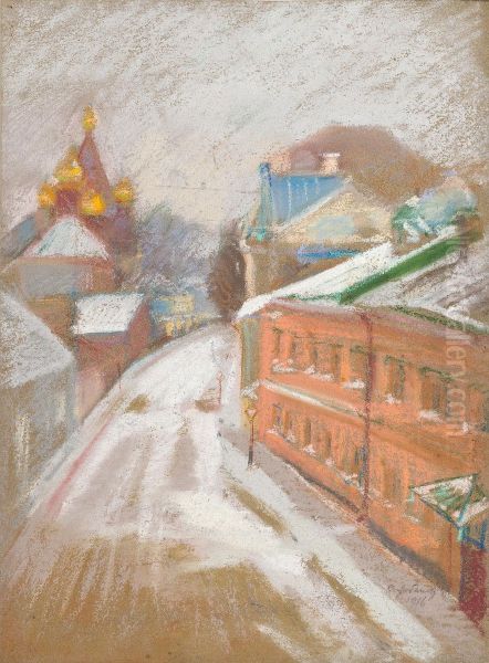 A Moscow Street In Winter Oil Painting by Ivanovich Lobanov Sergei