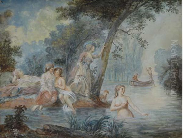 Bathers In A River With Two Men In A Rowboat Behind Oil Painting by Antoine Louis Fr. Sergent-Marceau