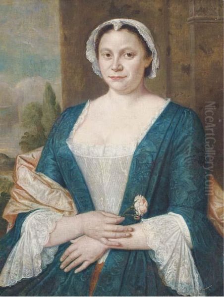 Portrait Of A Lady, Half-length, In A Blue And White Dress With Apink Shawl And White Cap, A Rose In Her Right Hand, A Landscapebeyond Oil Painting by Harmen Serin