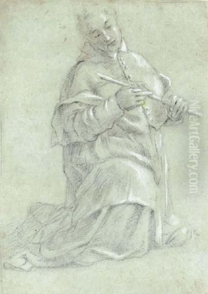 A Kneeling Man Holding A Flute Oil Painting by Cesare Sermei