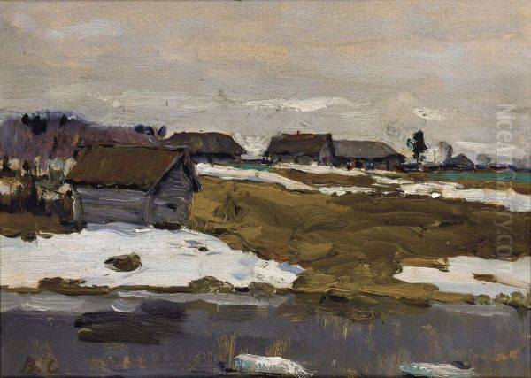 Village By The Water In Winter Oil Painting by Valentin Aleksandrovich Serov