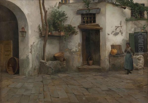 Contadina In Un Cortile Oil Painting by Ernesto Serra