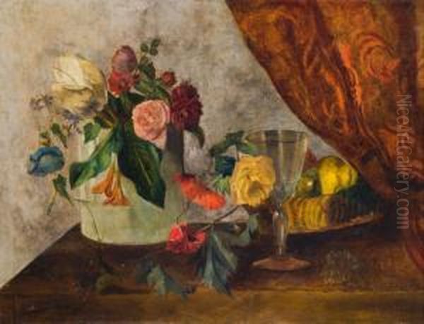 Composizione Con Fiori, Frutta E Bicchiere Oil Painting by Luigi Serralunga