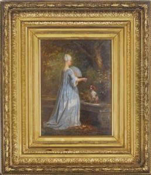 Lady In A Park With A King Charles Spaniel Oil Painting by Antony Serres