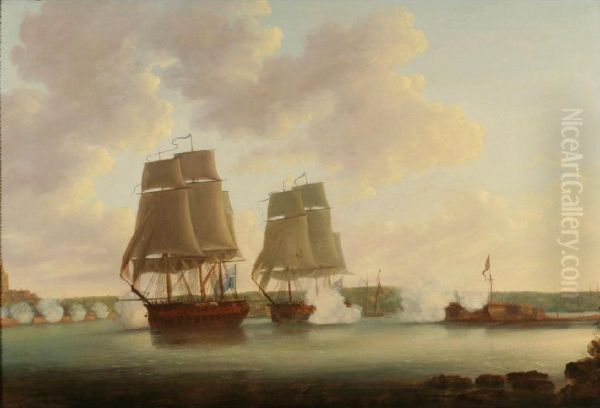 Thebattle Of Copenhagen, 
Showing British Ships Under Sailfiring At A Shoreline Oil Painting by Dominic Serres