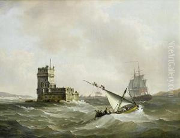 An English Frigate In Choppy Waters In The Tagus Passing The Belem Tower Oil Painting by John Thomas Serres