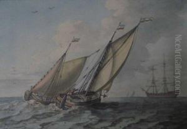 Sailing Craft On Opposite Courses Near Man-o'-war Oil Painting by John Thomas Serres