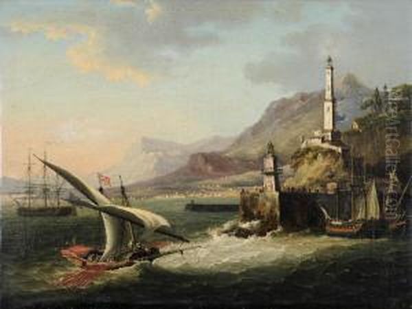 Off Genoa: A Maltese Armed Felucca And Frigates In Coastal Waters Oil Painting by John Thomas Serres