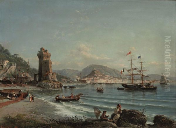 An Italian Brig And A Greek Barque Anchored Off The Neapolitancoast Oil Painting by Giovanni Serritelli