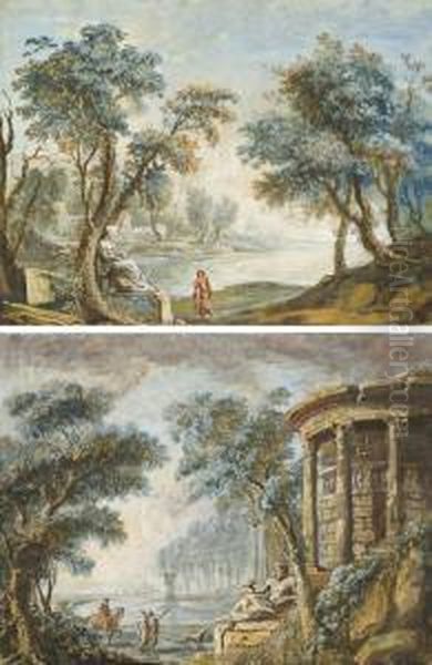 Personnages Dans Un Caprice Architectural; Et Personnage Au Bord De L'eau Dans Un Paysage Arbore Oil Painting by Giovanni Niccolo Servandoni