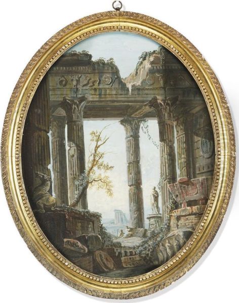 Two Capriccios Of Temple Ruins With Figures, With Landscapes Beyond Oil Painting by Giovanni Niccolo Servandoni