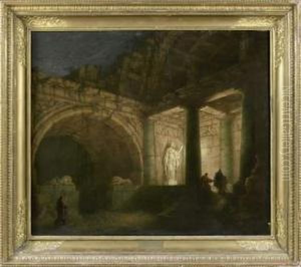 Visiteurs Eclairant Une Statue Dans Un Palais En Ruines Oil Painting by Giovanni Niccolo Servandoni