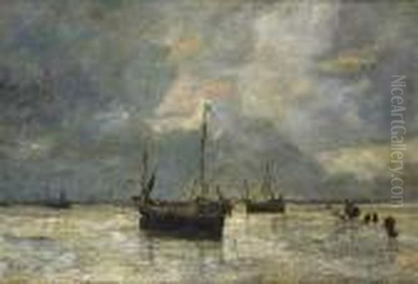 Bateaux Sur La Plage De La Baie De Somme Oil Painting by Amedee Elie Servin