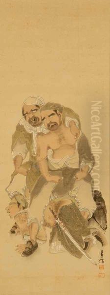 Depicting Kanshin Crawling Between The Legs Of Two Men Oil Painting by Setcho Keishun