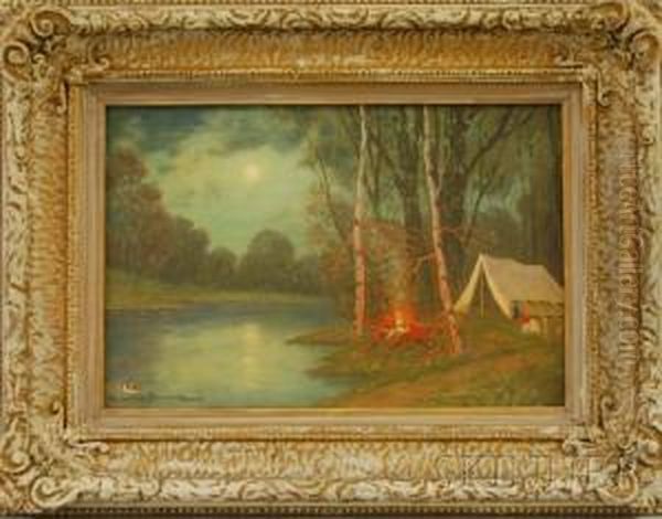 Campfire On The Lake Oil Painting by Gulbrand Sether