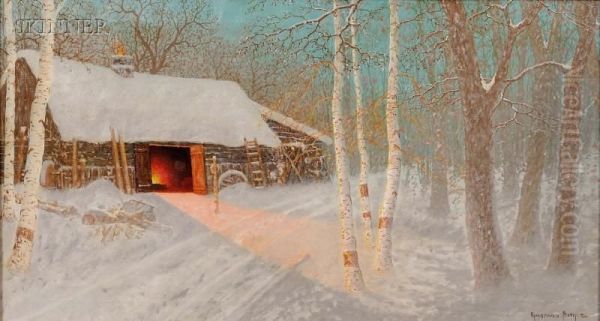 Blacksmith Shop In Winter Twilight Oil Painting by Gulbrand Sether