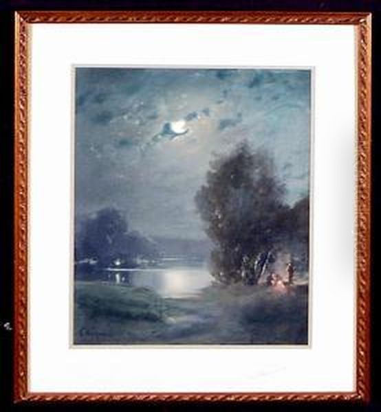 A Campfire By A Moonlit Lake Oil Painting by Gulbrand Sether