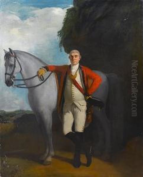 A Portrait Of An Infantry Officer Of The Honourable East India Company Standing, Full-length, By His Horse, A Landscape Beyond Oil Painting by John Thomas Seton