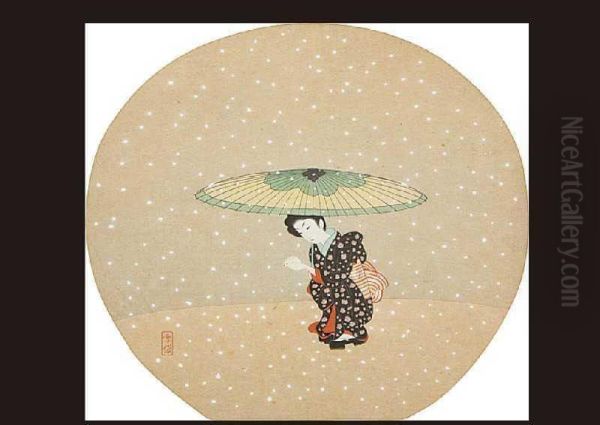 Open Umbrella Oil Painting by Komura Settai