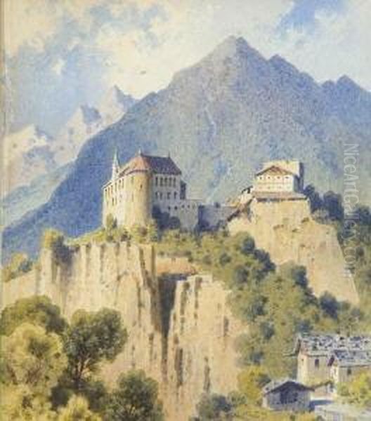 Blick Auf Schloss Tirol. Oil Painting by Wilhelm Anton Maria Settari