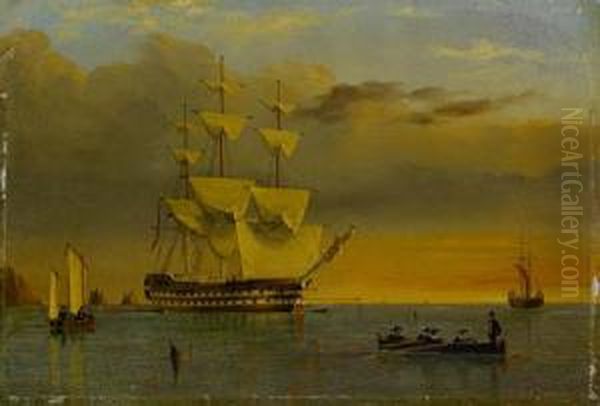 A British '74' Anchored Offshore And Drying Her Sails At Sunset Oil Painting by William Frederick Settle