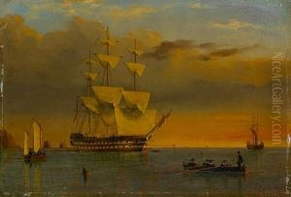 A British '74' Anchored Offshore And Dryingher Sails At Sunset Oil Painting by William Frederick Settle