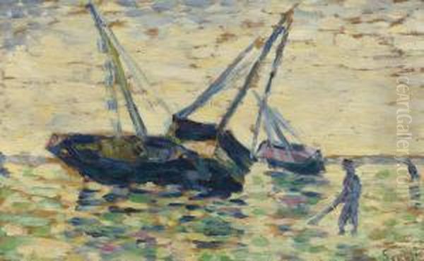 Trois Bateaux Et Un Marin Oil Painting by Georges Seurat